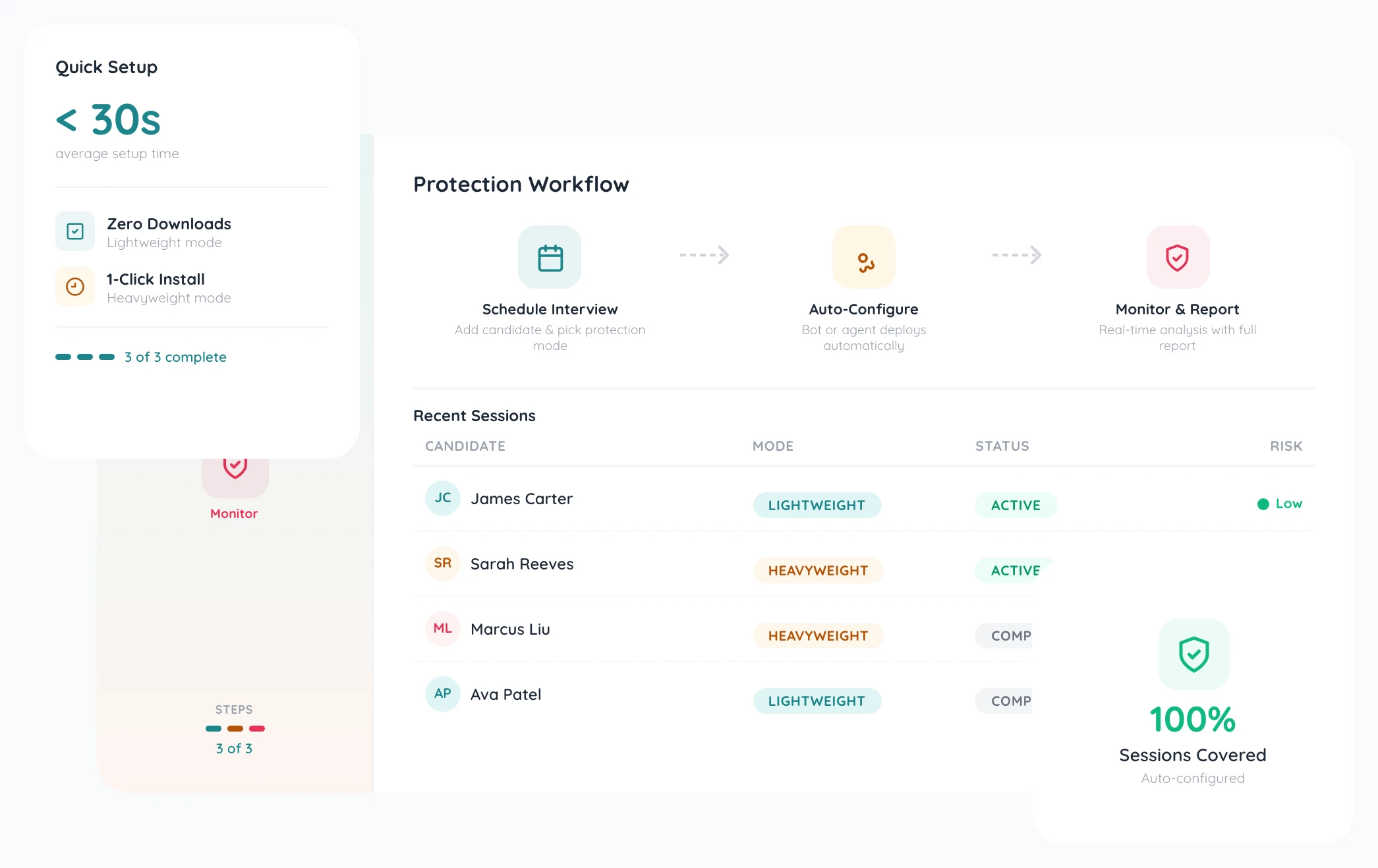 From zero-friction meeting bot to full desktop agent. **You choose the protection level.**